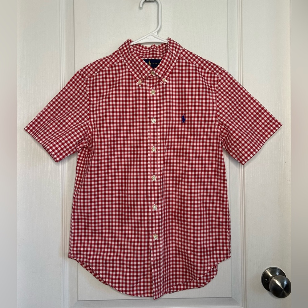 Ralph Lauren Boys Sz M 10/12 Christmas Red Gingham Short Sleeve Preppy Shirt